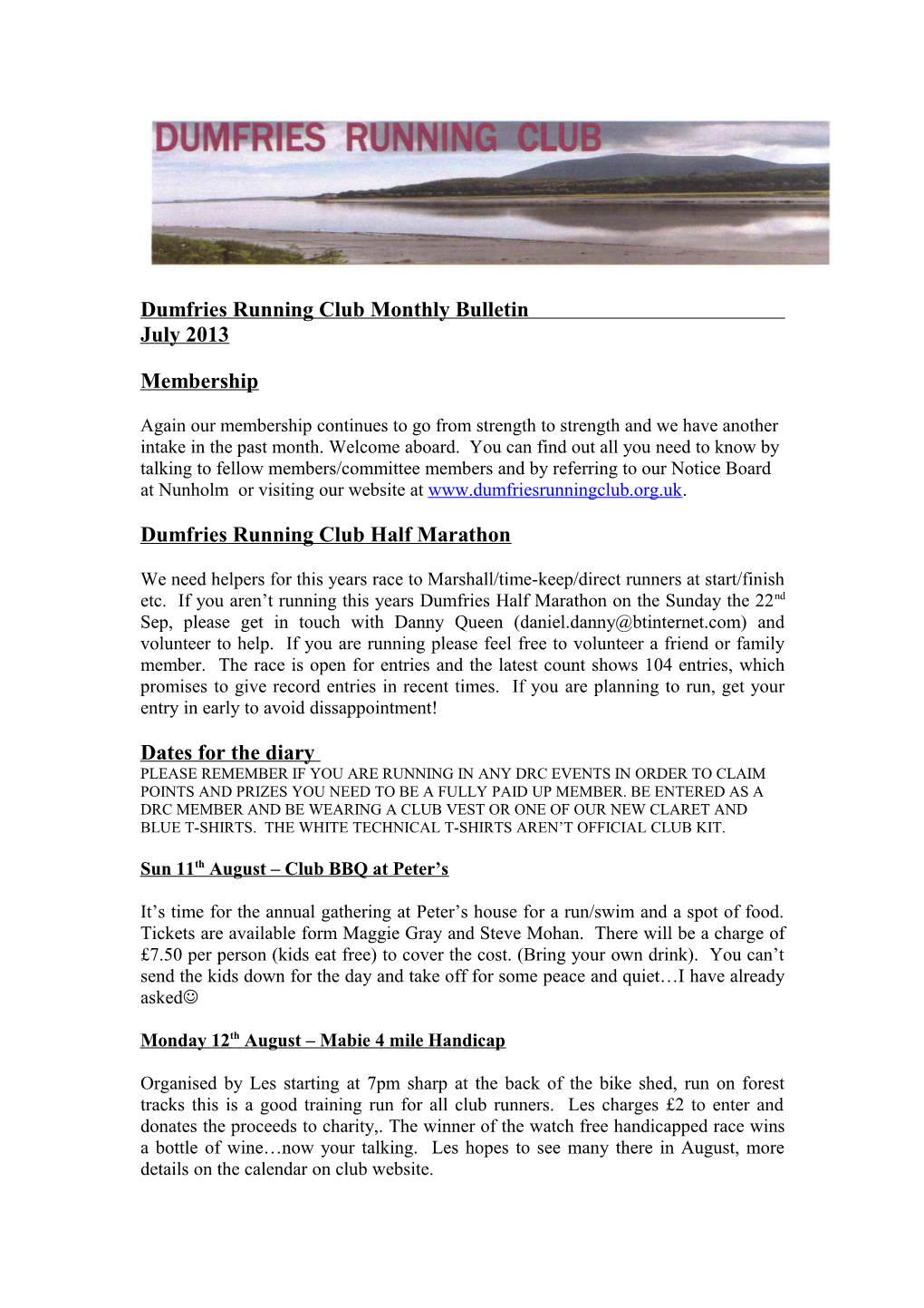 Dumfries Running Club Monthly Bulletin July 2013