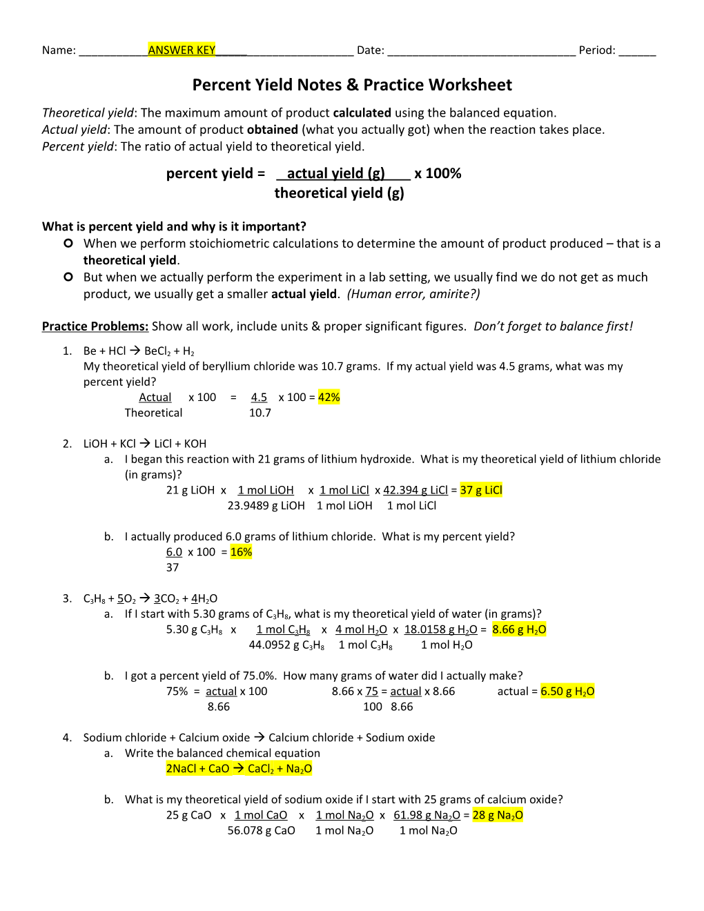 Percent Yield Notes & Practice Worksheet