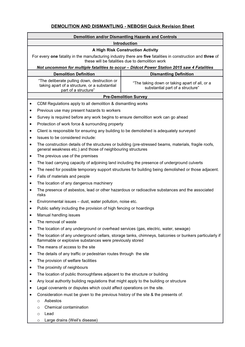 DEMOLITION and DISMANTLING - NEBOSH Quick Revision Sheet