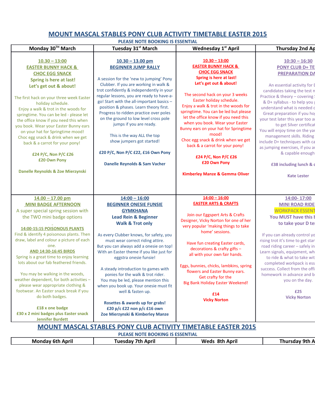Mount Mascal Stables Pony Club Activity Timetable Easter 2015