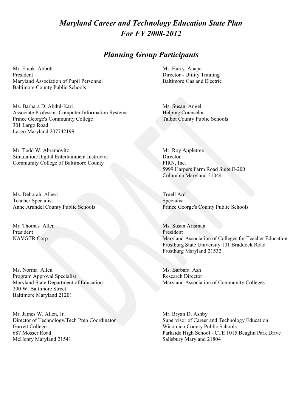 Planning Group Participants
