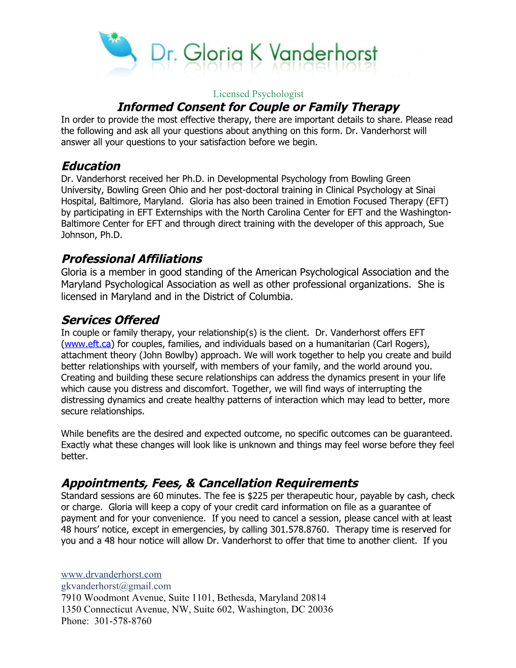 Informed Consent for Couple Or Family Therapy