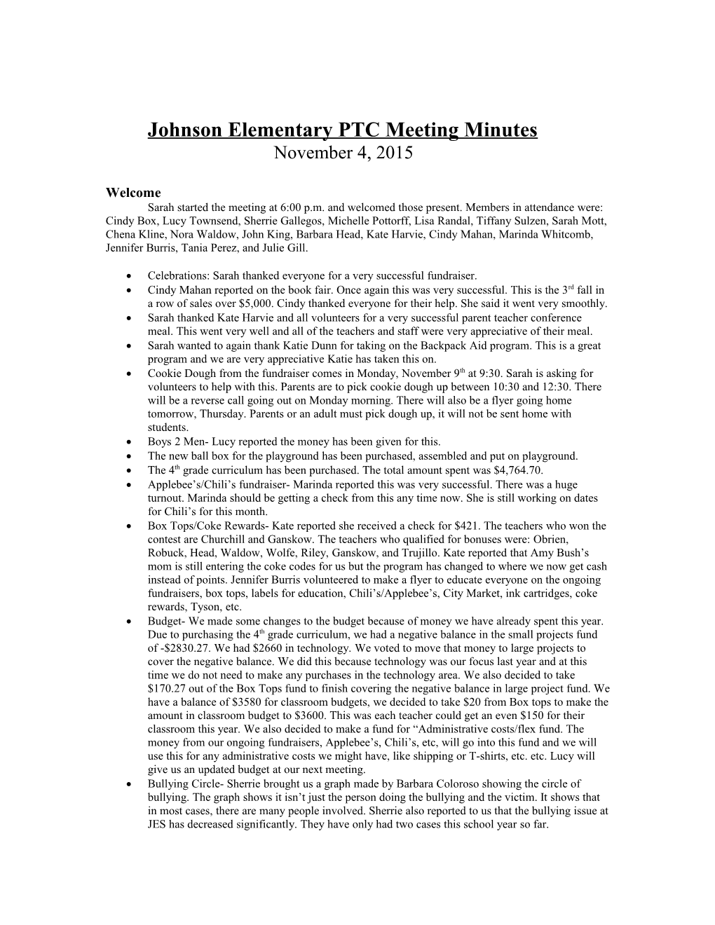 Johnson Elementary PTC Meeting Minutes