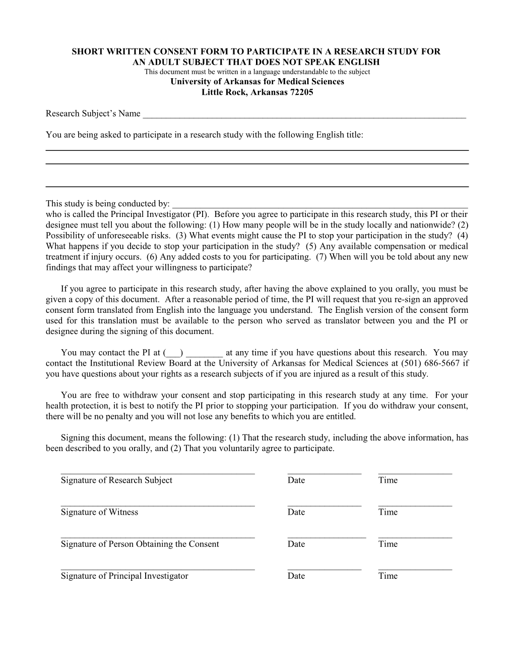 Short Written Consent Form to Participate in a Research Study for An