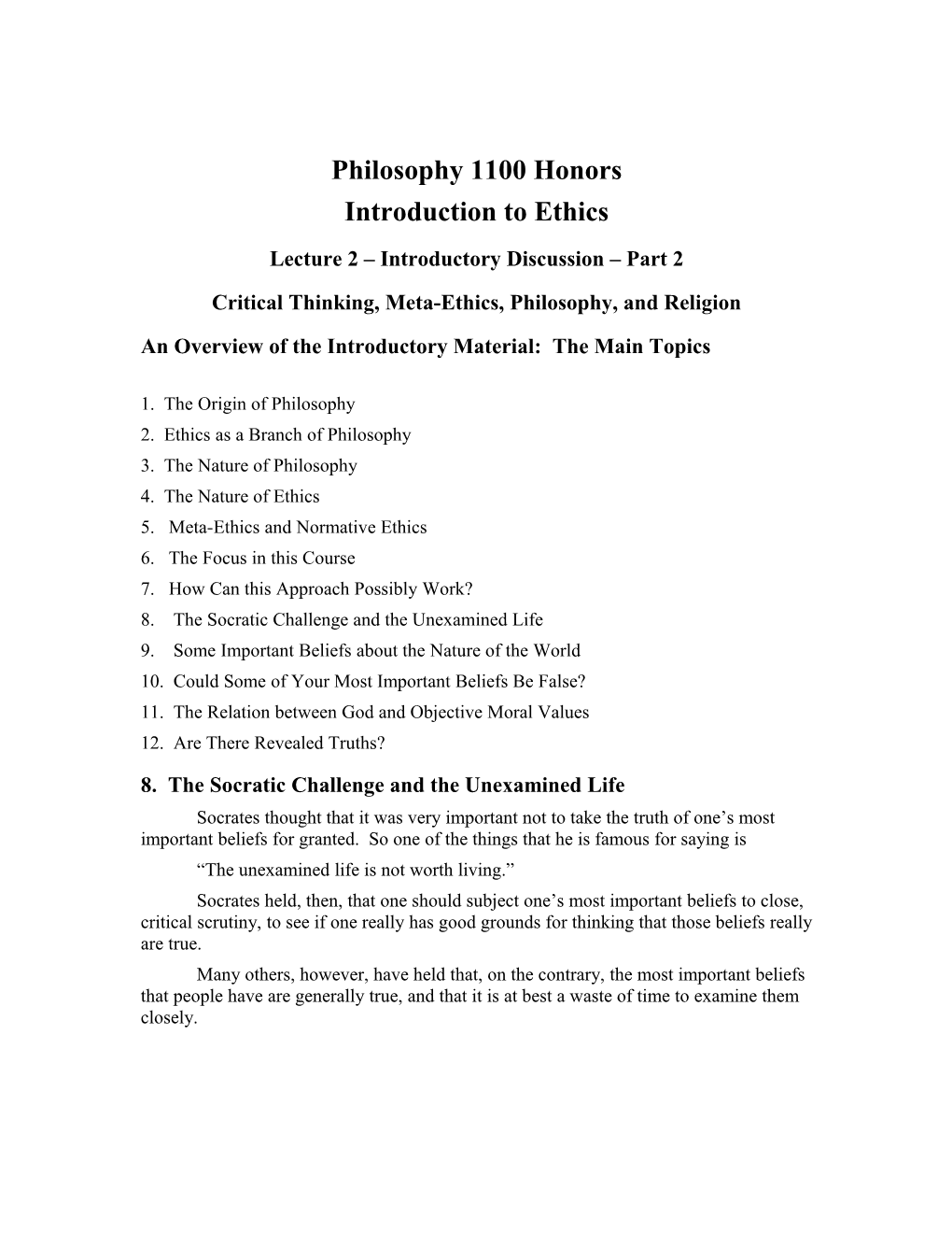 Philosophy 1100 Introduction to Ethics