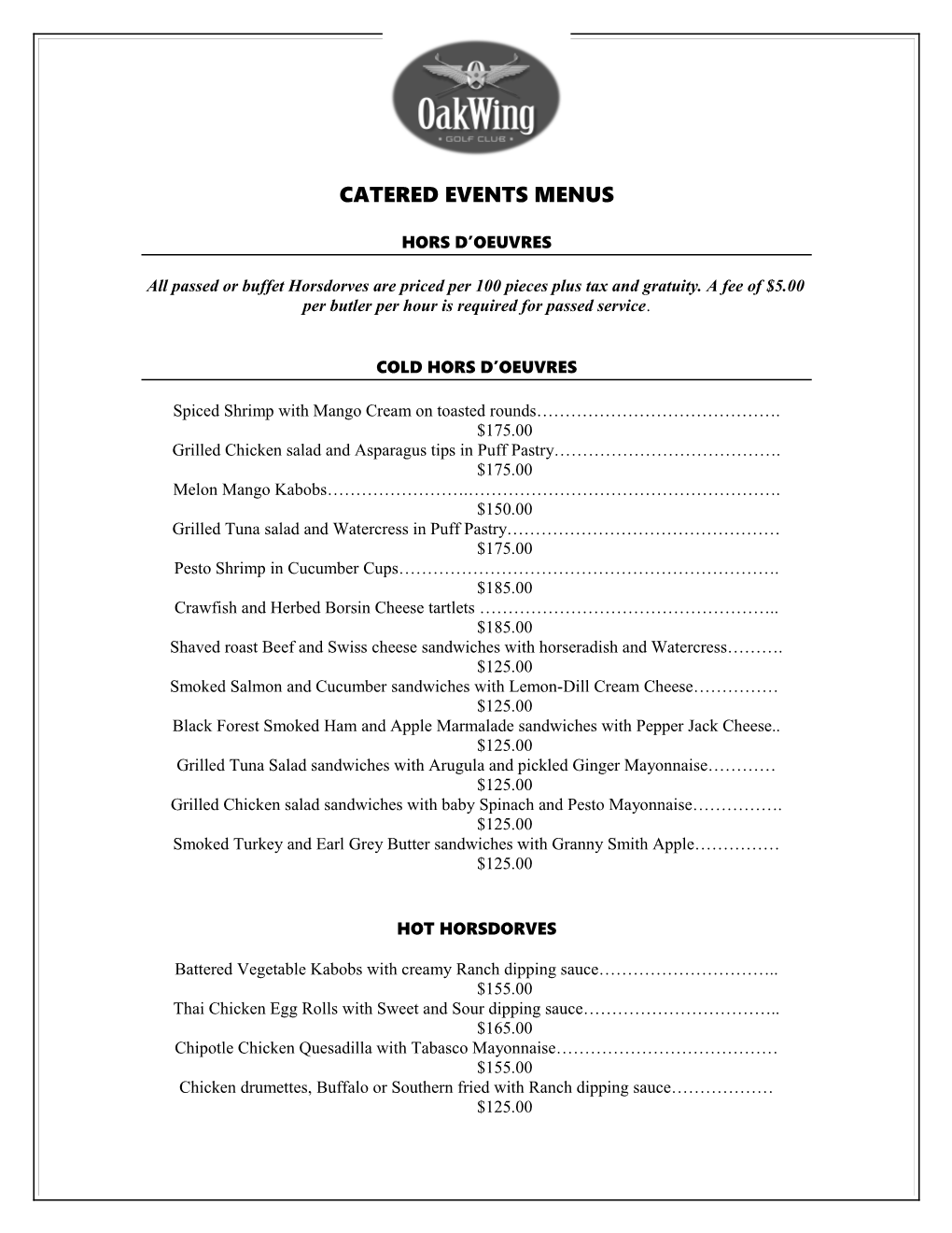 Catered Events Menus