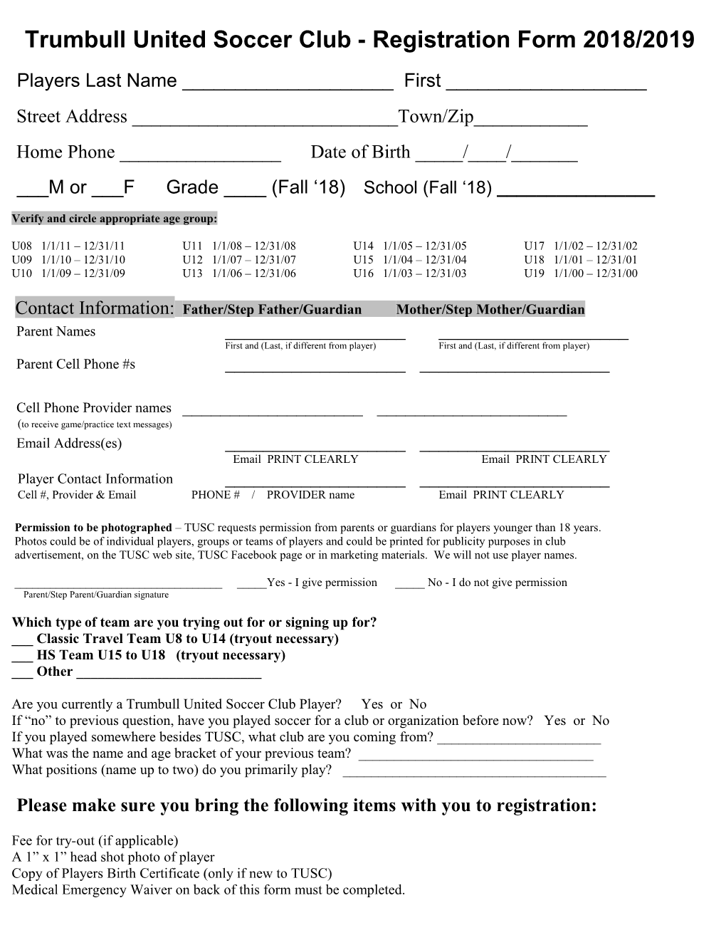 Trumbull United Soccerclub-Registration Form 2018/2019
