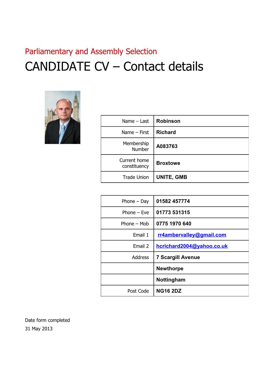 Parliamentary and Assembly Selection