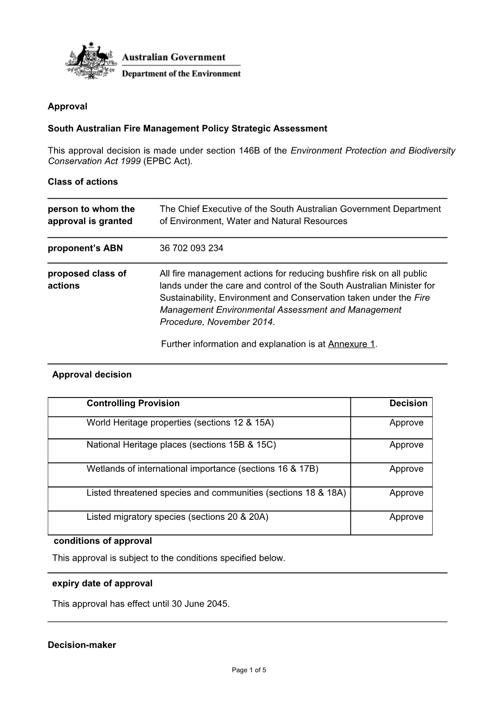 Approval - South Australian Fire Management Policy Strategic Assessment