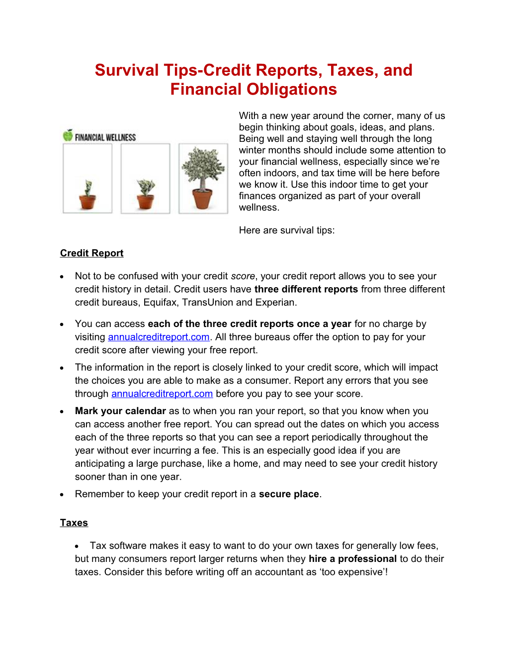 Survival Tips-Credit Reports, Taxes, and Financial Obligations