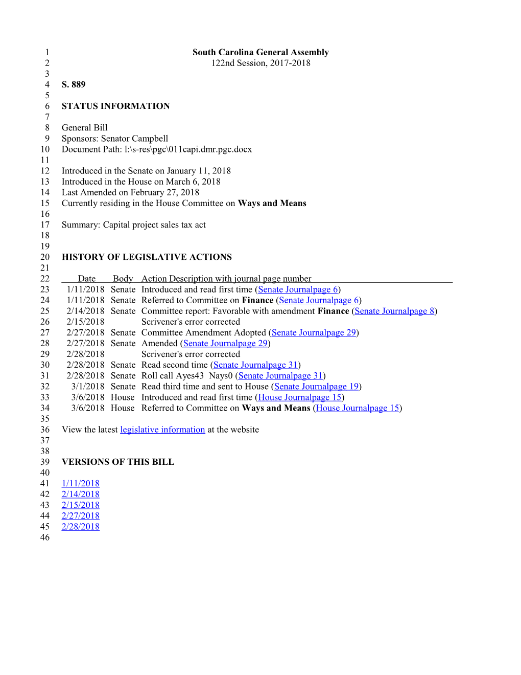 2017-2018 Bill 889: Capital Project Sales Tax Act - South Carolina Legislature Online