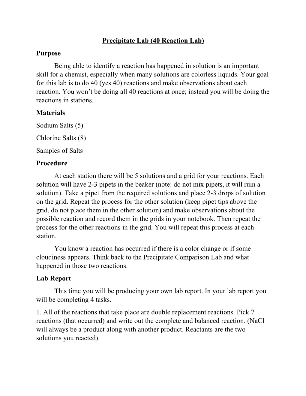 Precipitate Lab (40 Reaction Lab)