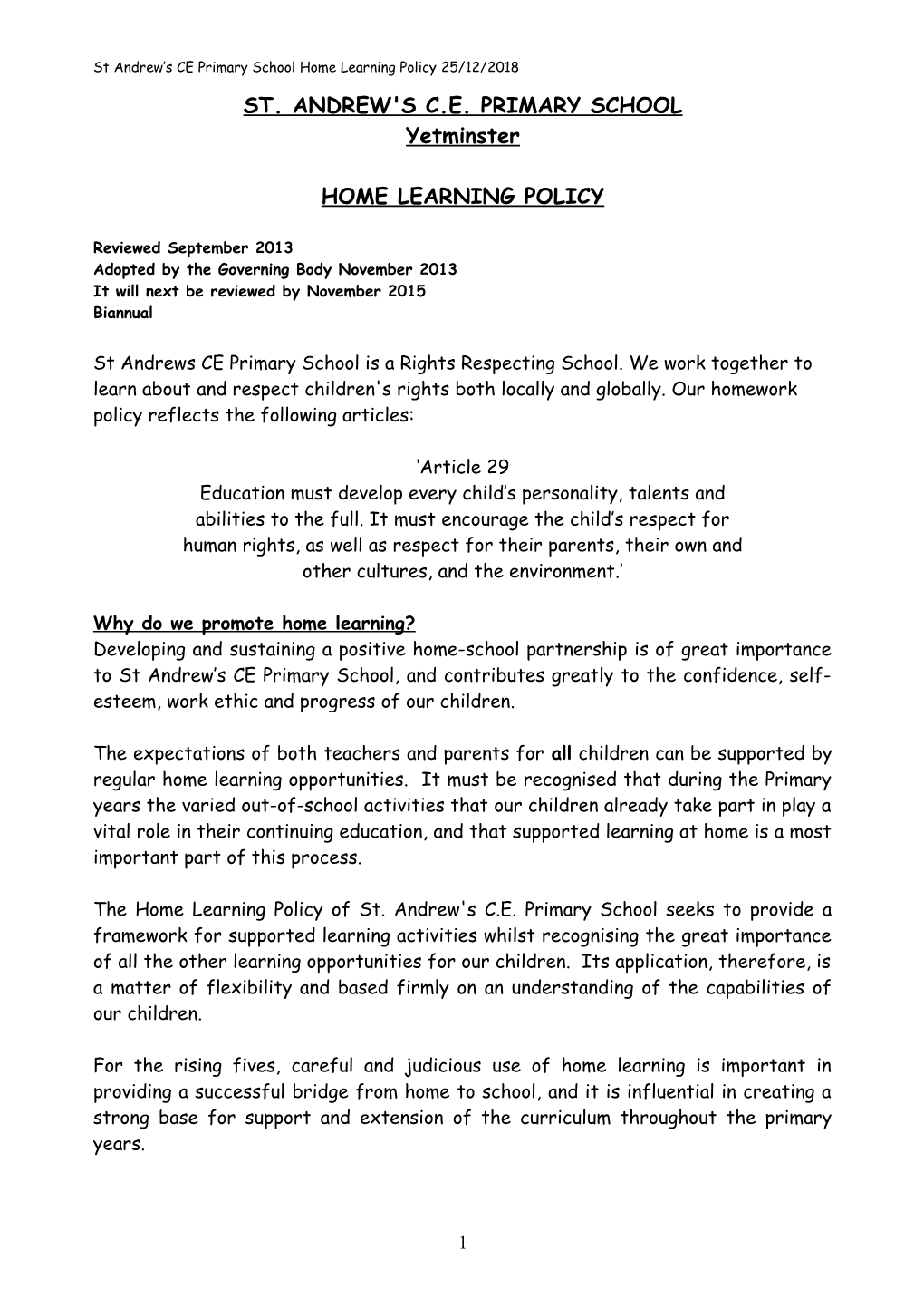 St Andrew S CE Primary School Home Learning Policy 27/12/2018