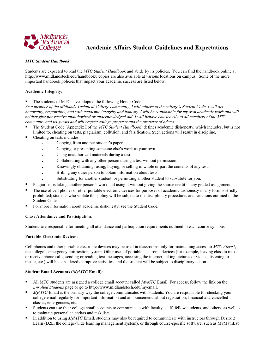 Academic Affairs Student Guidelines and Expectations