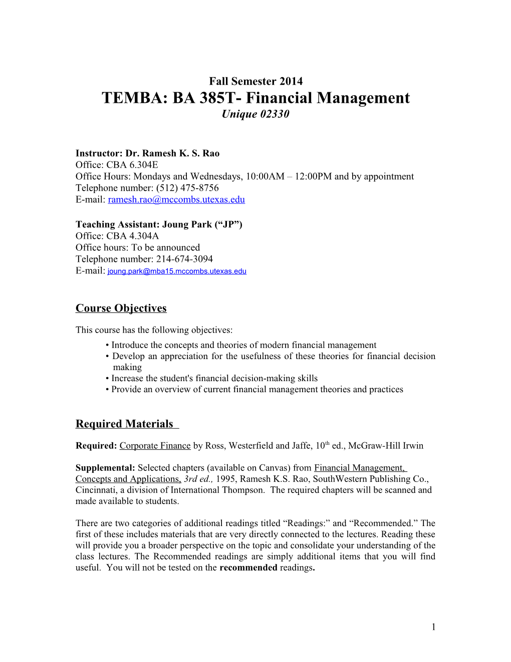 BA 385T - Financial Management TEMBA - Rao