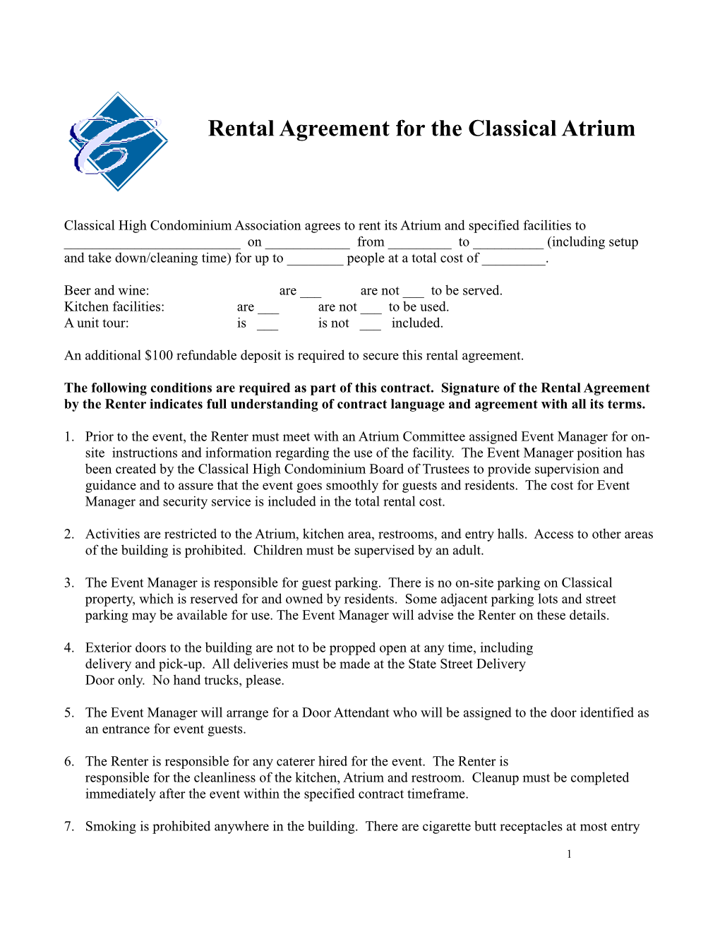 Rental Agreement for the Classical Atrium