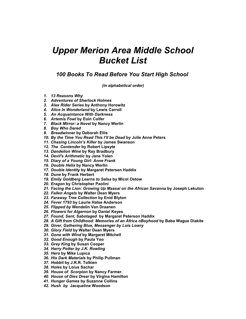 Uppermerionareamiddle School Bucket List