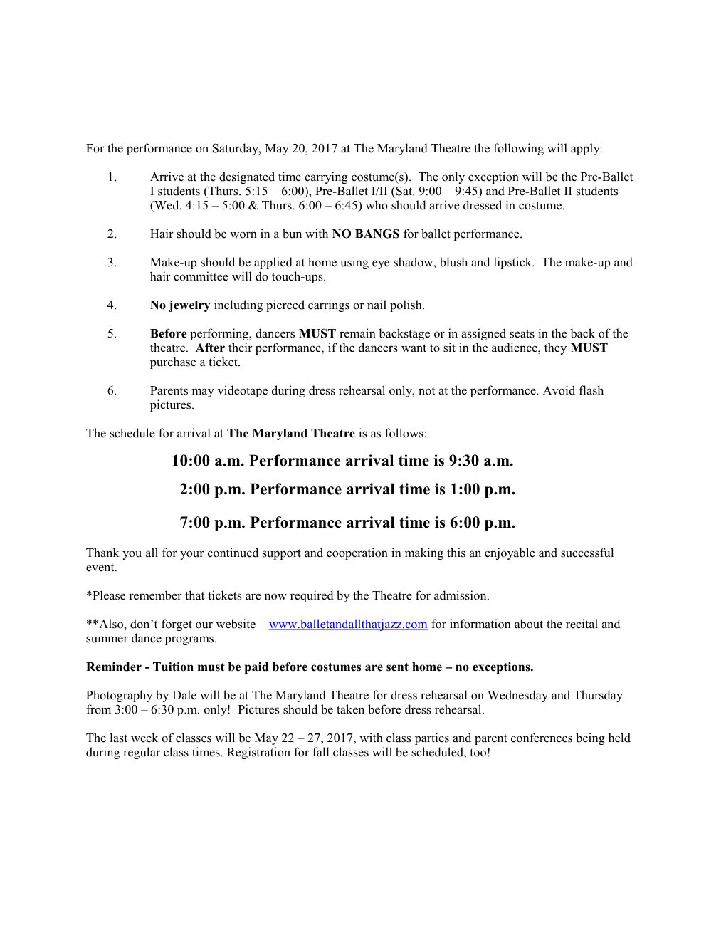Performance Schedule for Spring Recital