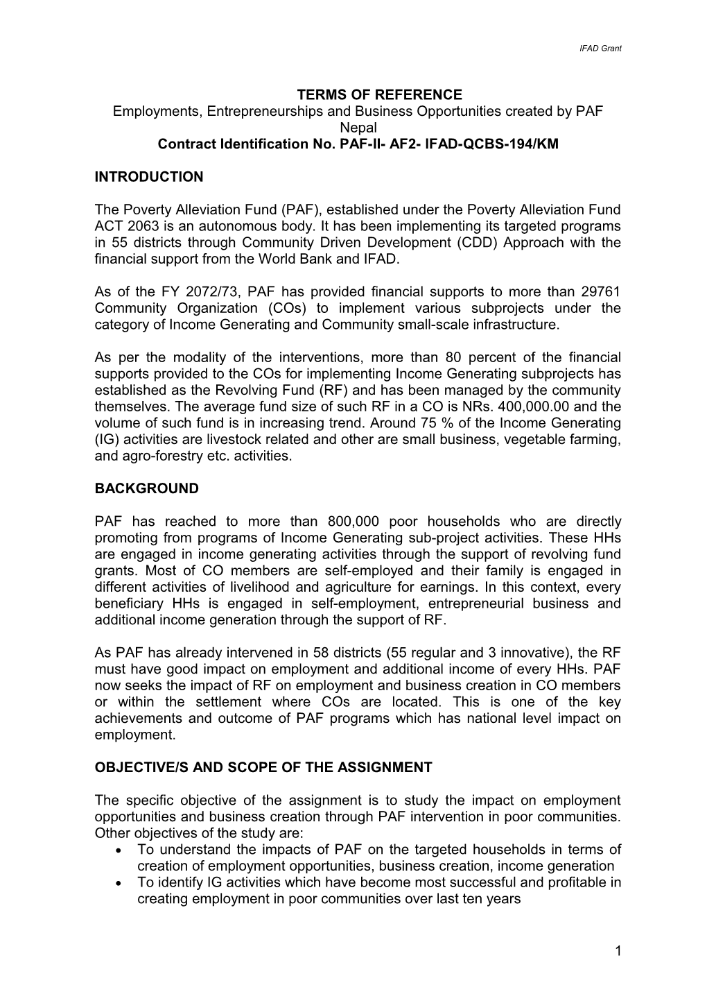 Contract Identification No. PAF-II- AF2- IFAD-QCBS-194/KM