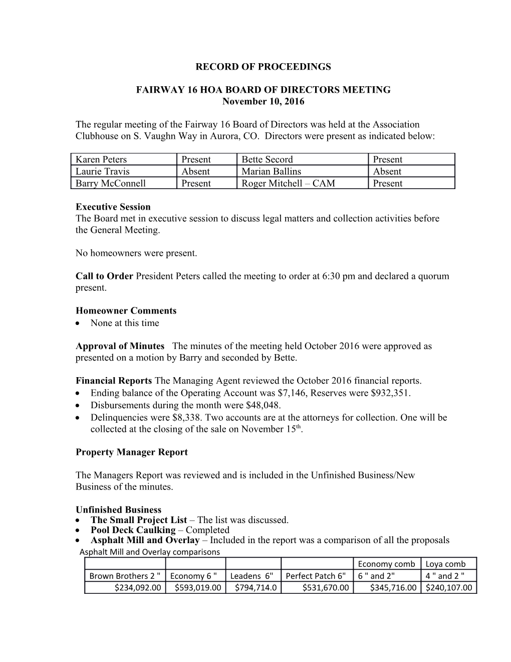 Fairway 16 Hoa Board of Directors Meeting