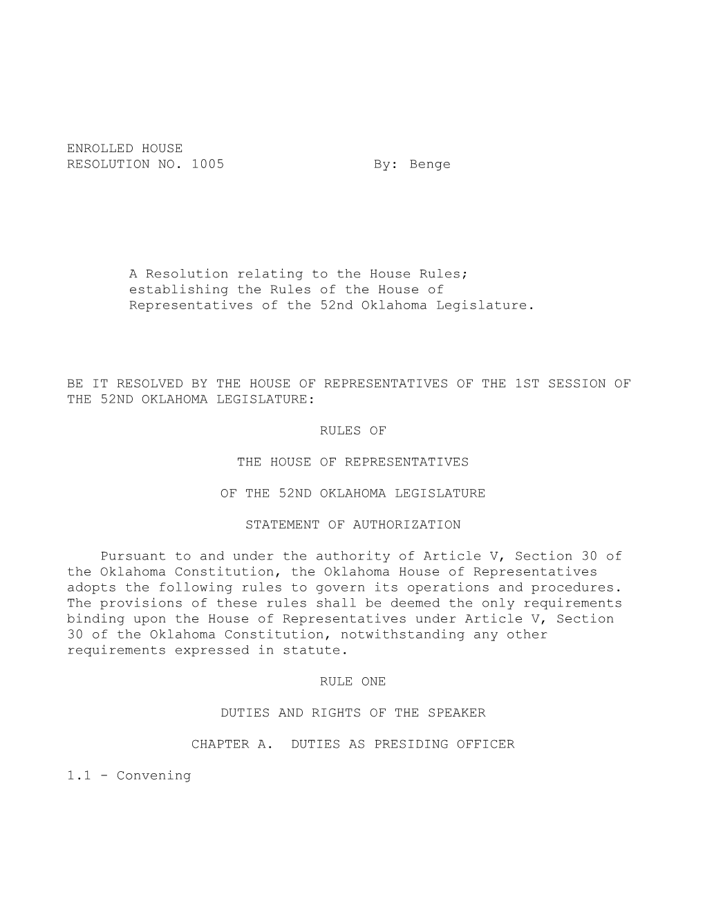 Be It Resolved by the House of Representatives of the 1St Session of the 52Nd Oklahoma