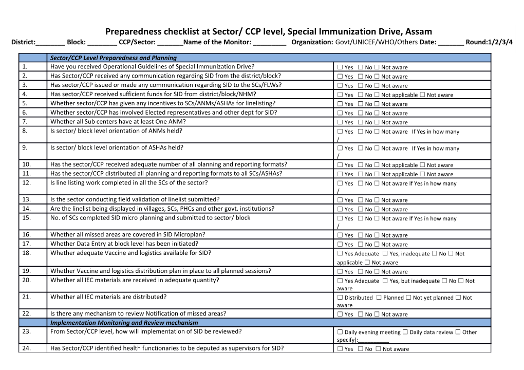 Preparedness Checklist at Sector/ CCP Level, Special Immunization Drive, Assam