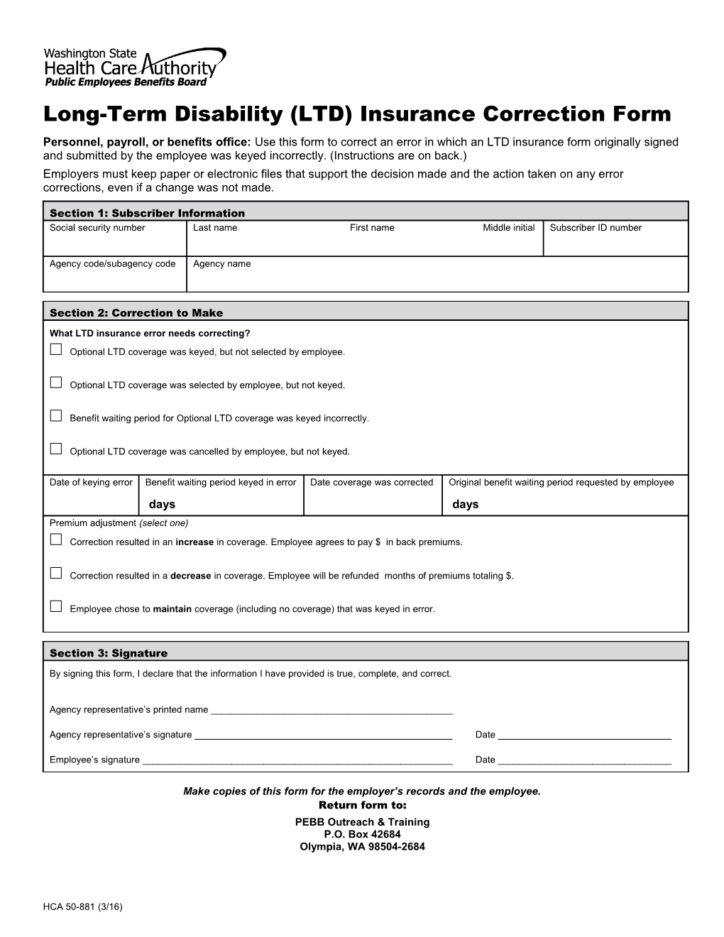 Long-Term Disability (LTD) Insurance Correction Form