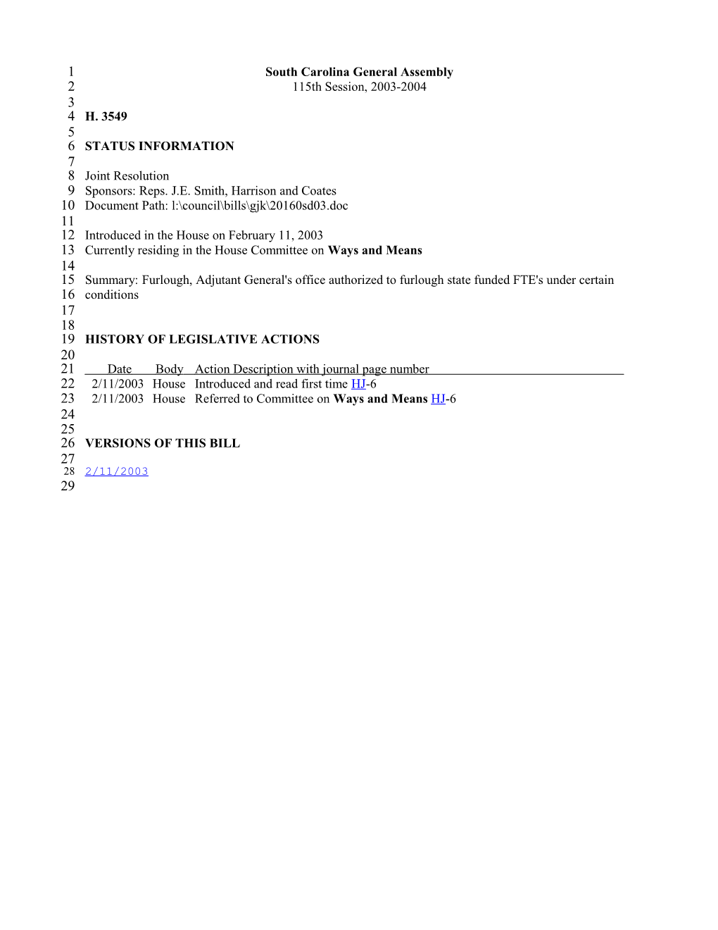 2003-2004 Bill 3549: Furlough, Adjutant General's Office Authorized to Furlough State Funded