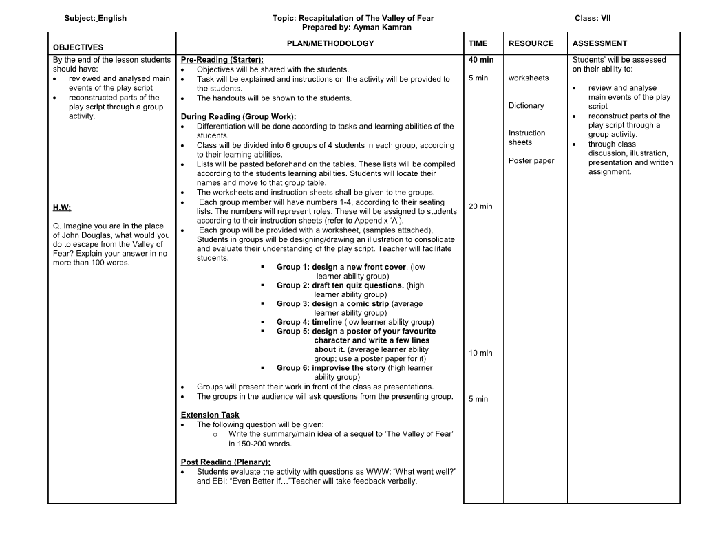 Subject:English Topic: Recapitulation of the Valley of Fearclass: VII