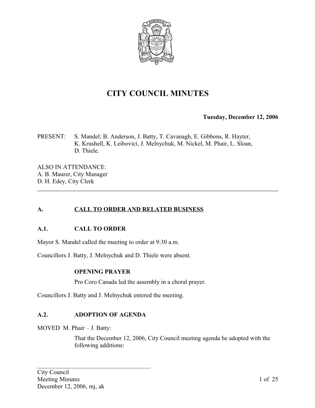 Minutes for City Council December 12, 2006 Meeting