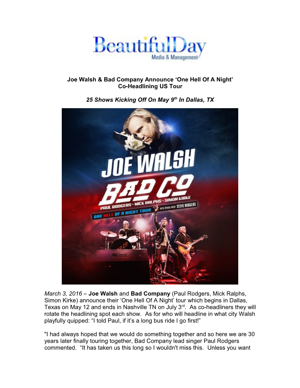 Joe Walsh & Bad Company Announce One Hell of a Night