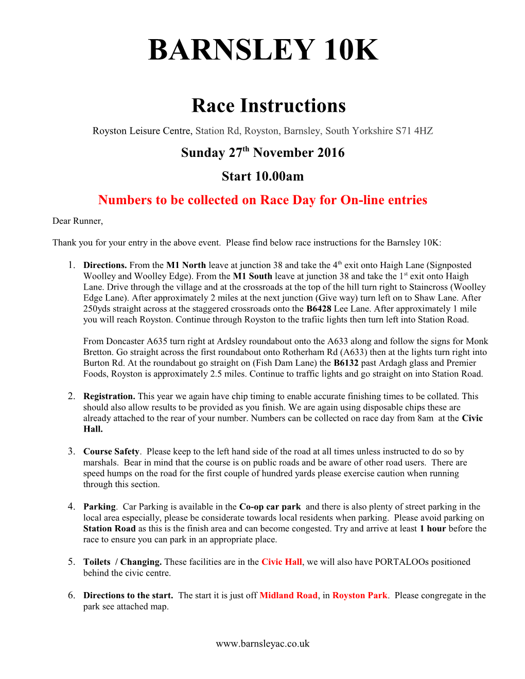 Barnsley 10K Race Instructions