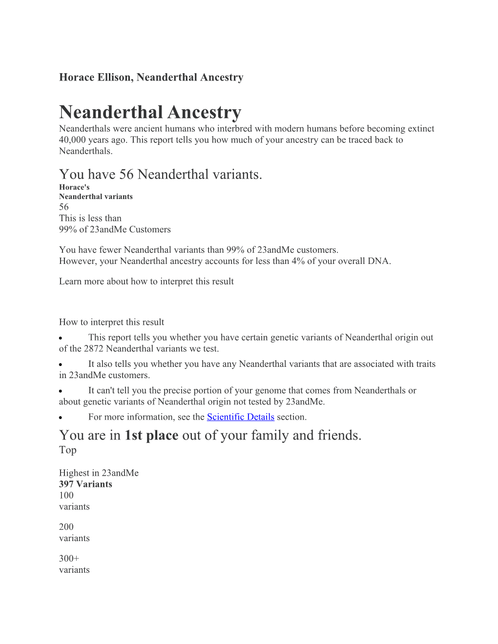 Horace Ellison, Neanderthal Ancestry