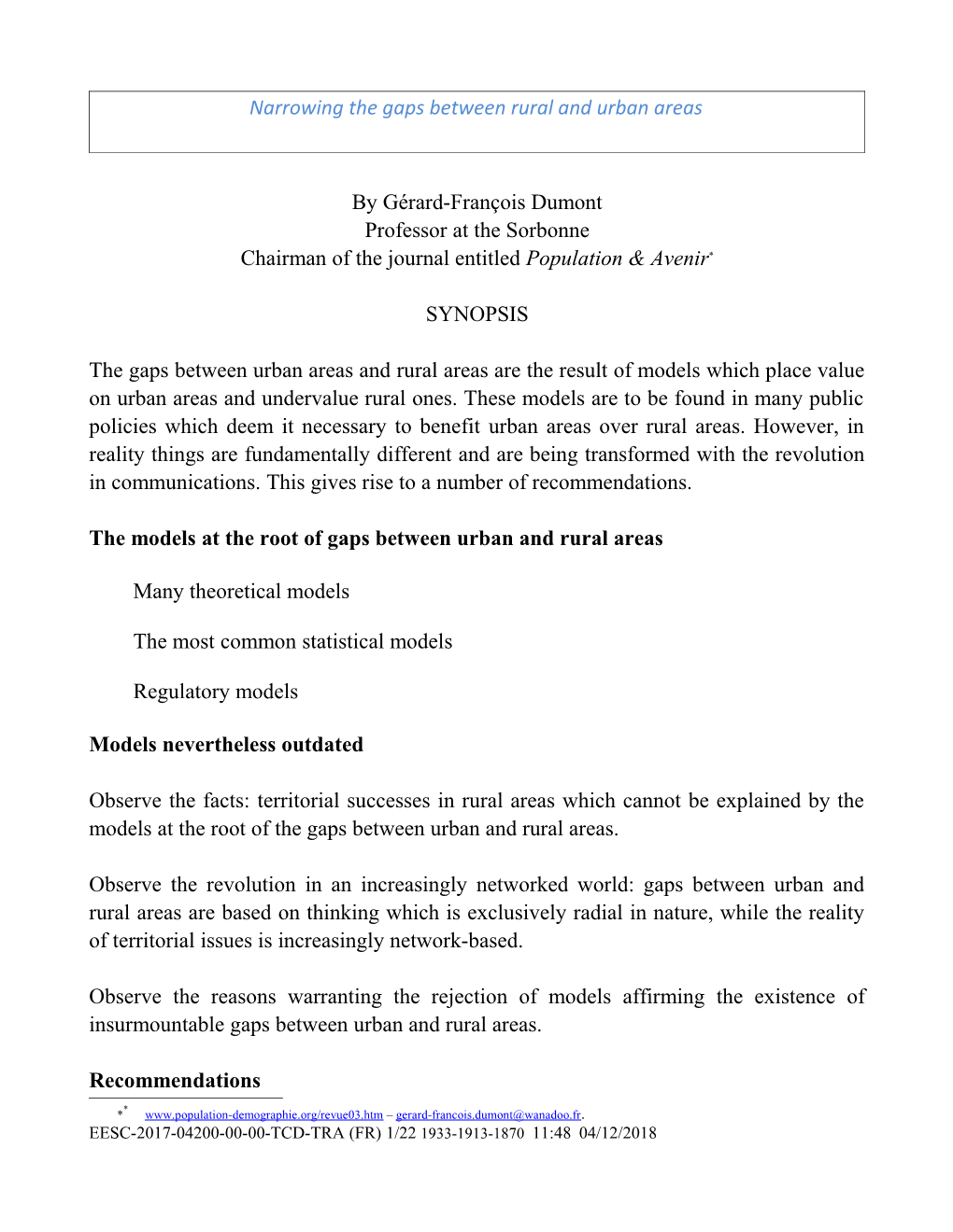 Synopsis - Professor Dumont's Statement on Narrowing the Gaps Between Rural and Urban Areas