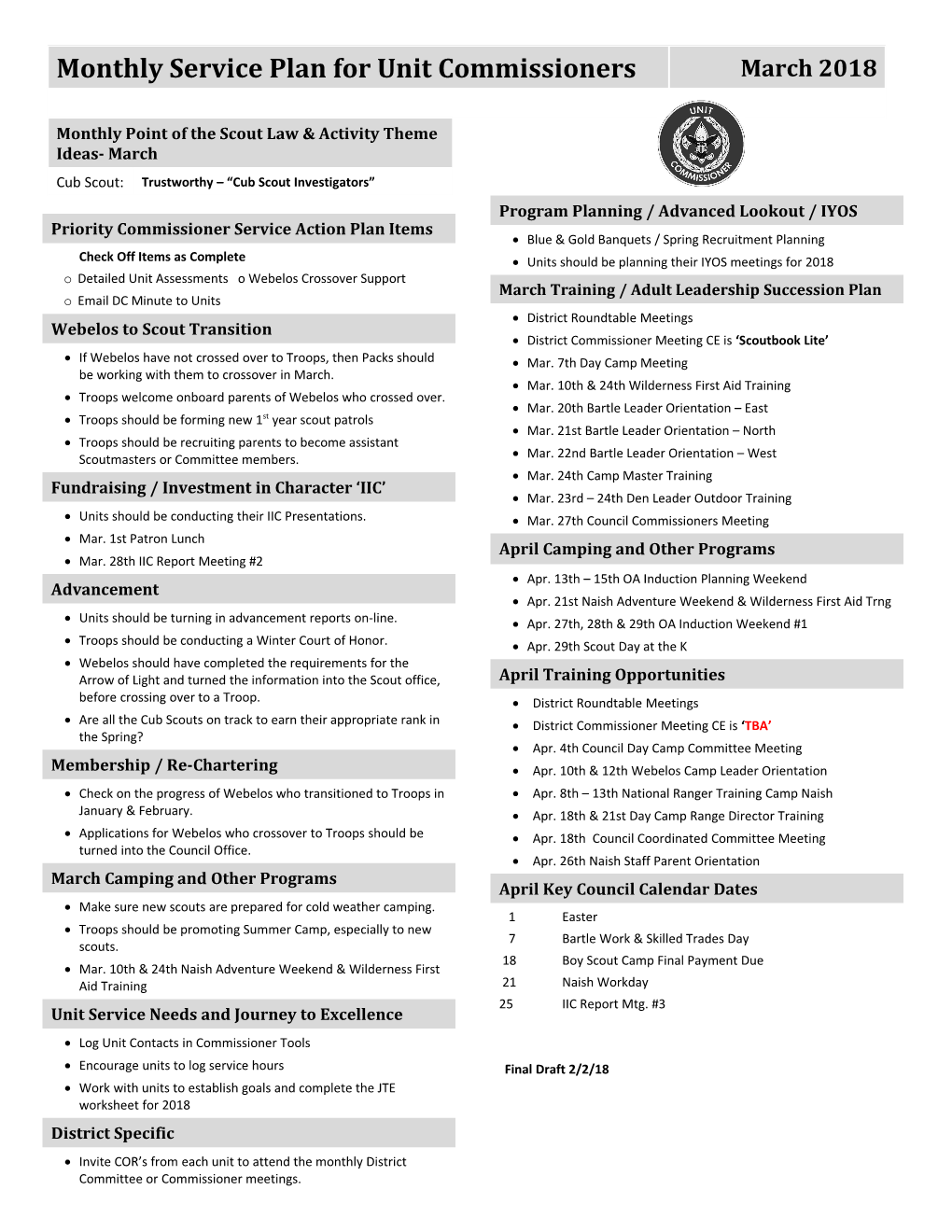 Detailed Unit Assessments O Webelos Crossover Support