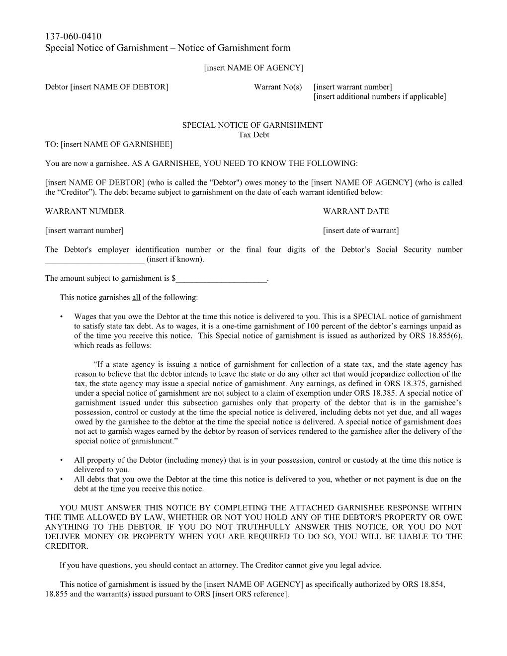 2008 Garnishment Rules/OAR 137-060-0410 Cc (Special Notice of Garnishment)