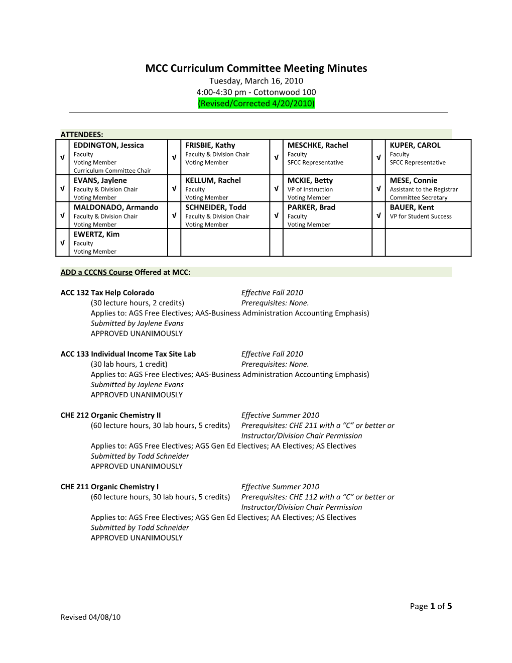 MCC Curriculum Committee Meeting Minutes