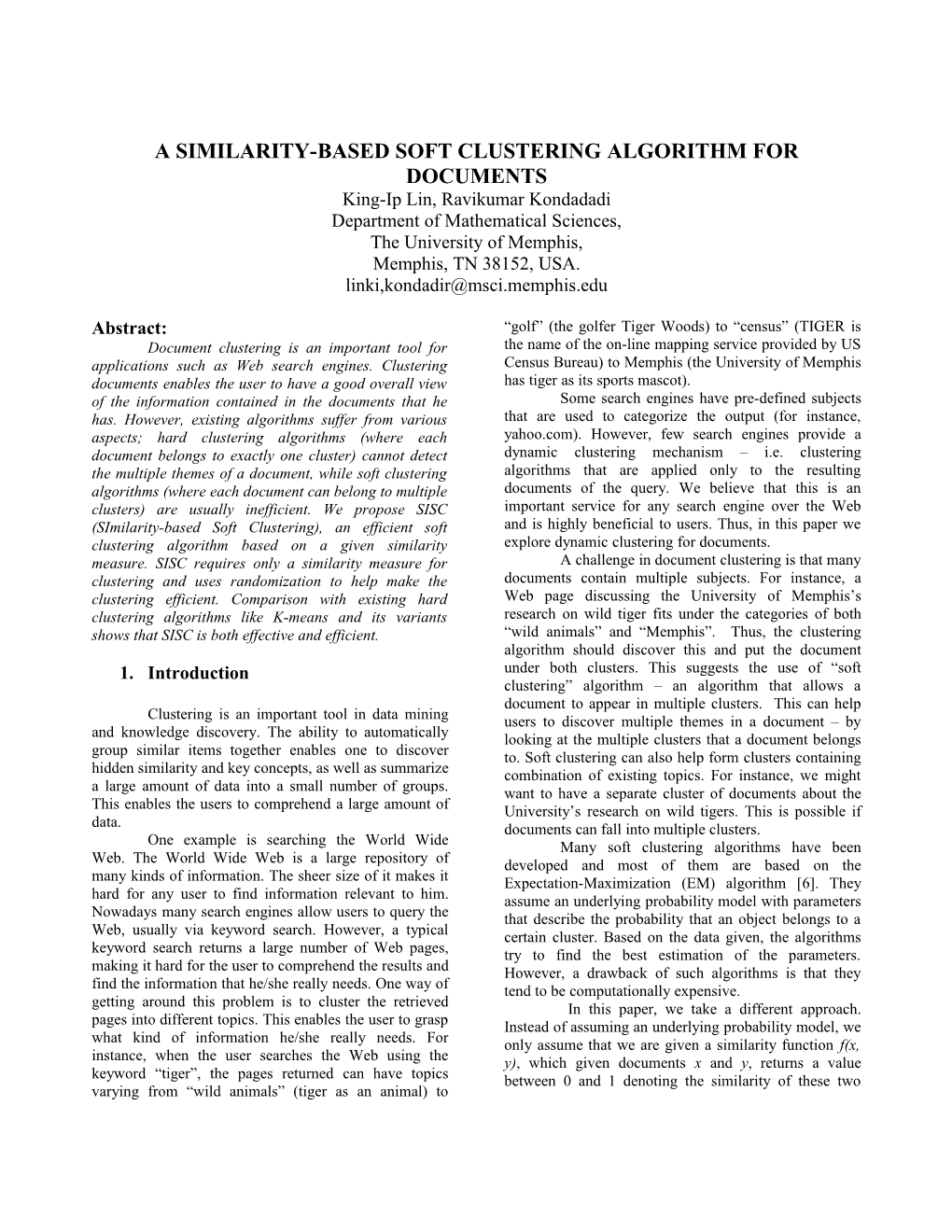 A Similarity-Based Soft Clustering Algorithm for Documents