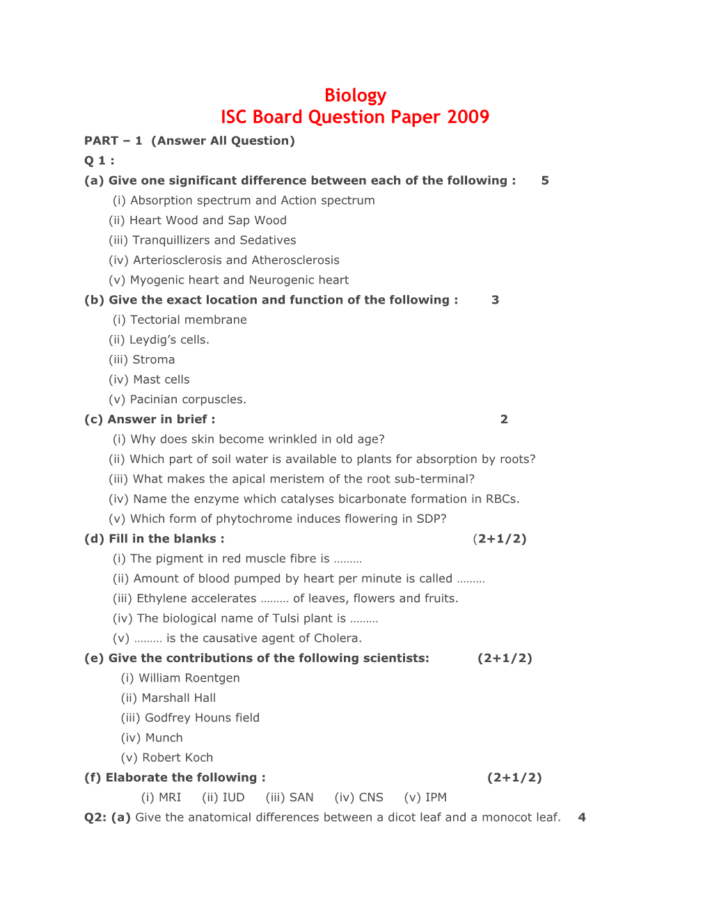 ISC Board Question Paper 2009