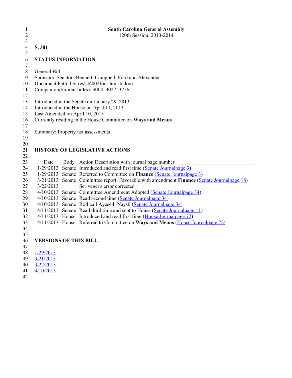 2013-2014 Bill 301: Property Tax Assessments - South Carolina Legislature Online