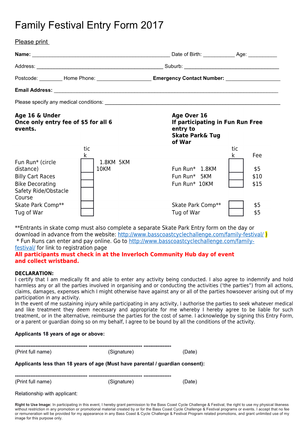 Family Festival Entry Form 2017