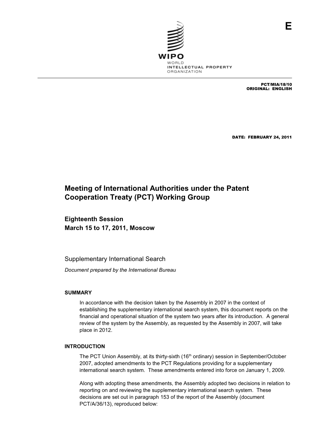 Meeting of International Authorities Under the Patent Cooperation Treaty (PCT) Working Group