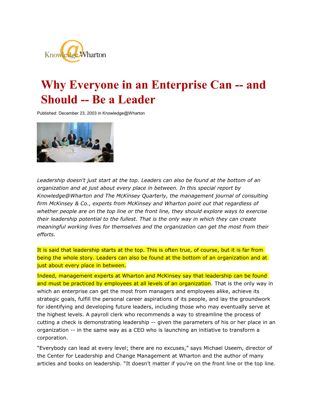 Why Everyone in an Enterprise Can and Should Be a Leader