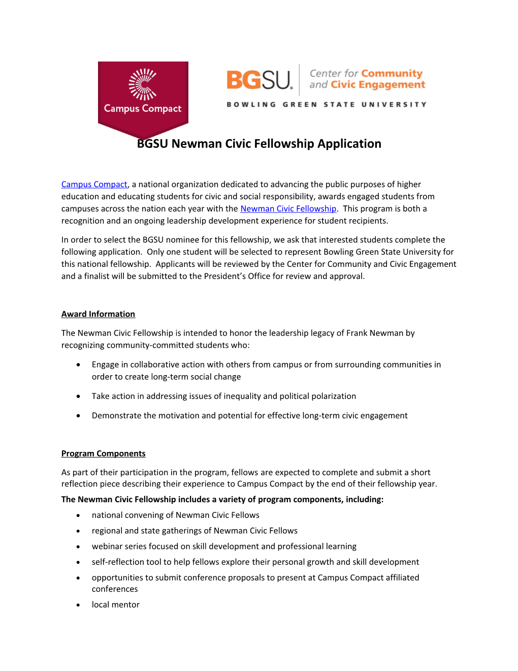 BGSU Newman Civic Fellowship Application