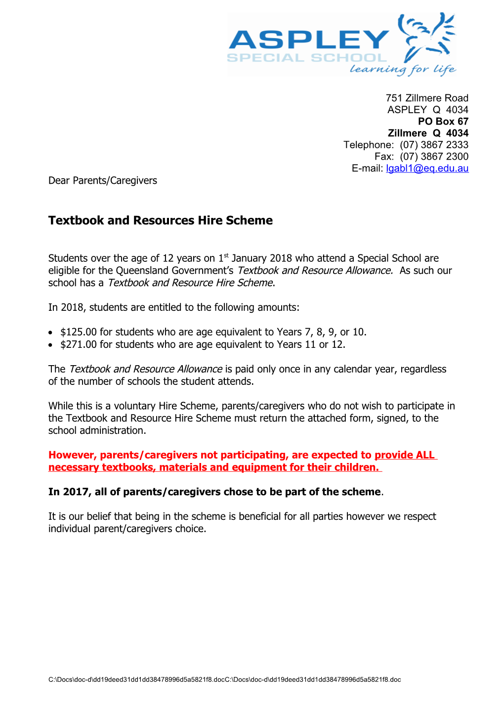 Textbook and Resource Hire Scheme