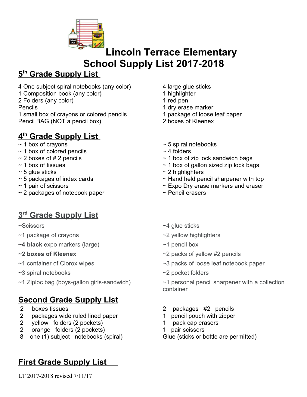 School Supply List 2017-2018