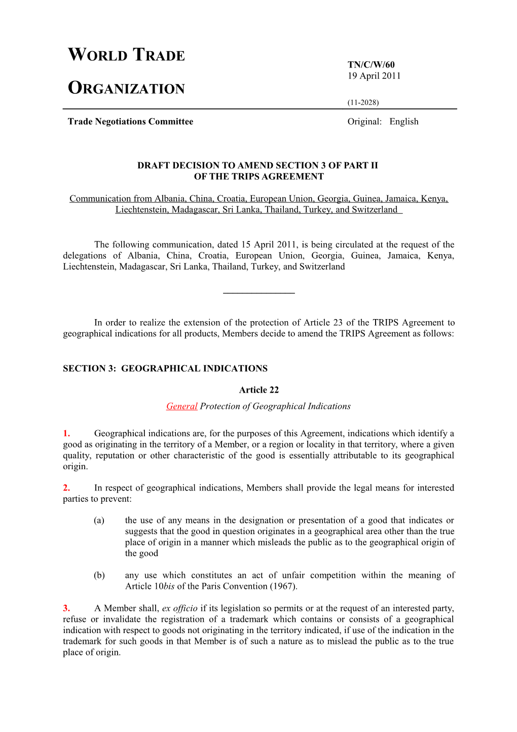 DRAFT DECISION to AMEND SECTION 3 of Part II of the TRIPS AGREEMENT