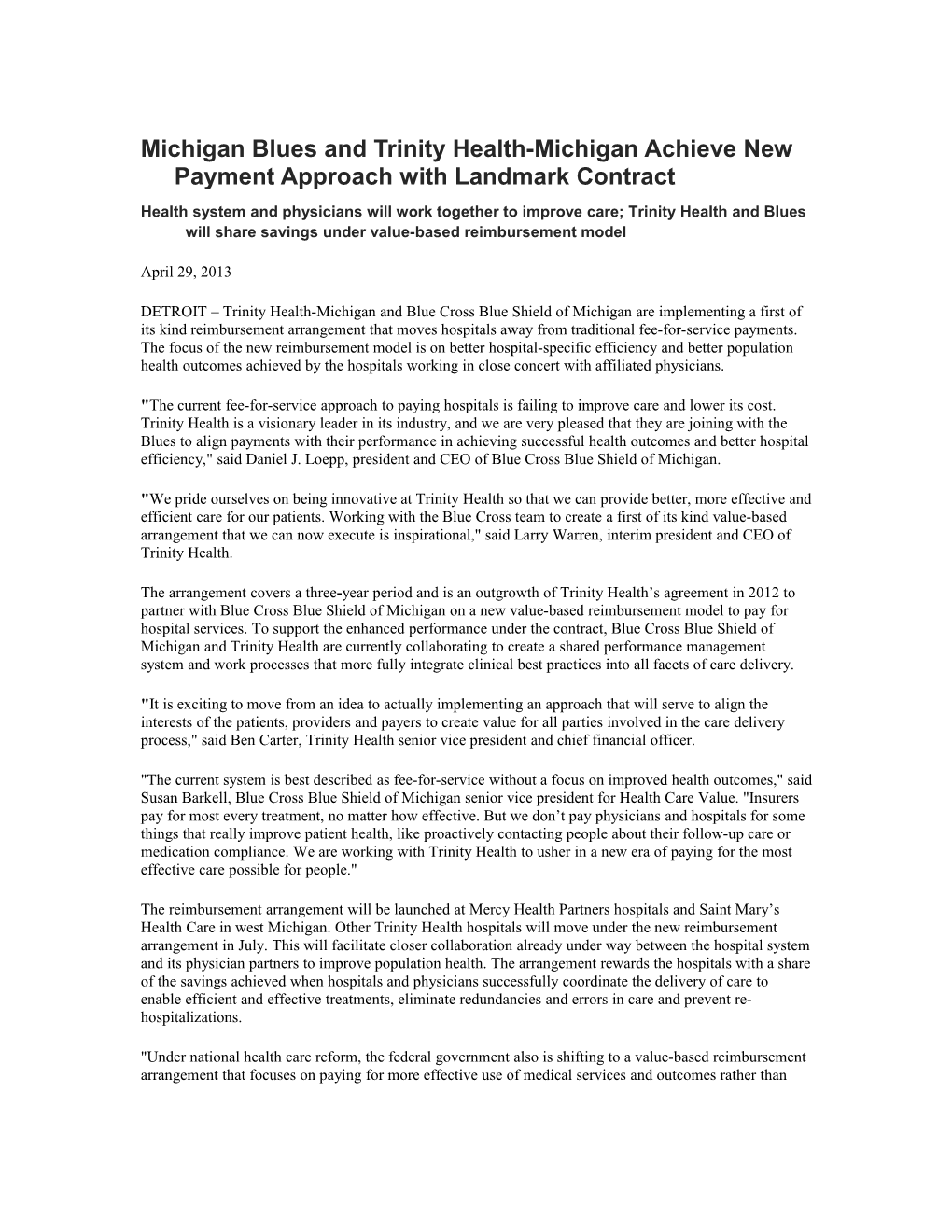 Michigan Blues and Trinity Healthmichigan Achieve New Payment Approach with Landmark Contract