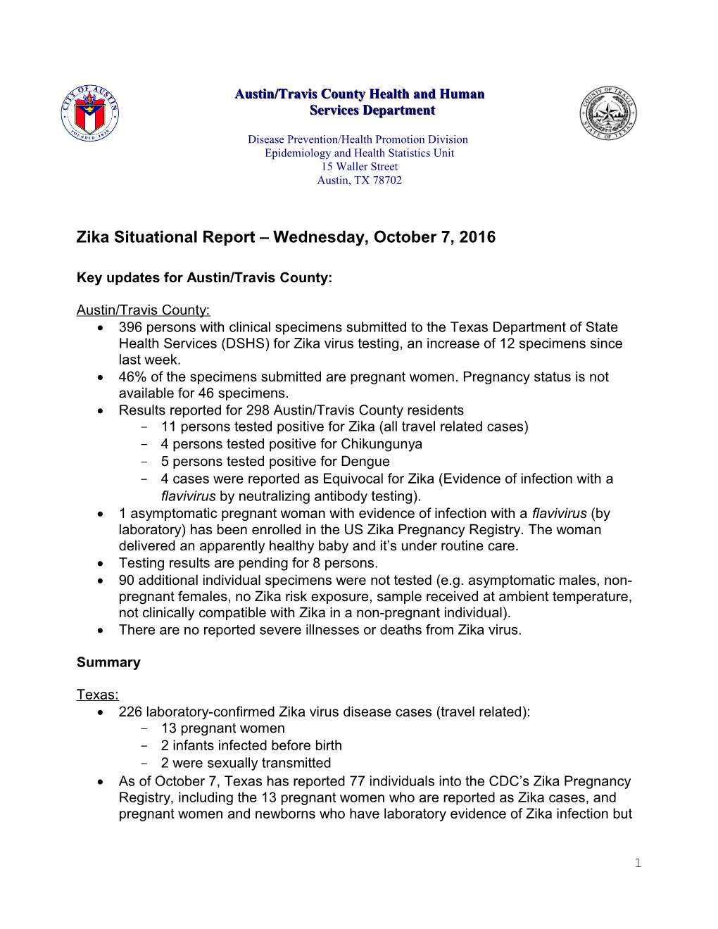 Zika Situational Report Wednesday, October 7, 2016