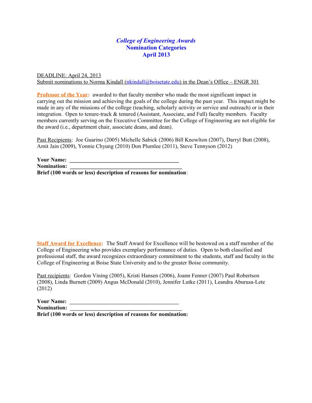 College of Engineering Awards Nomination Categories